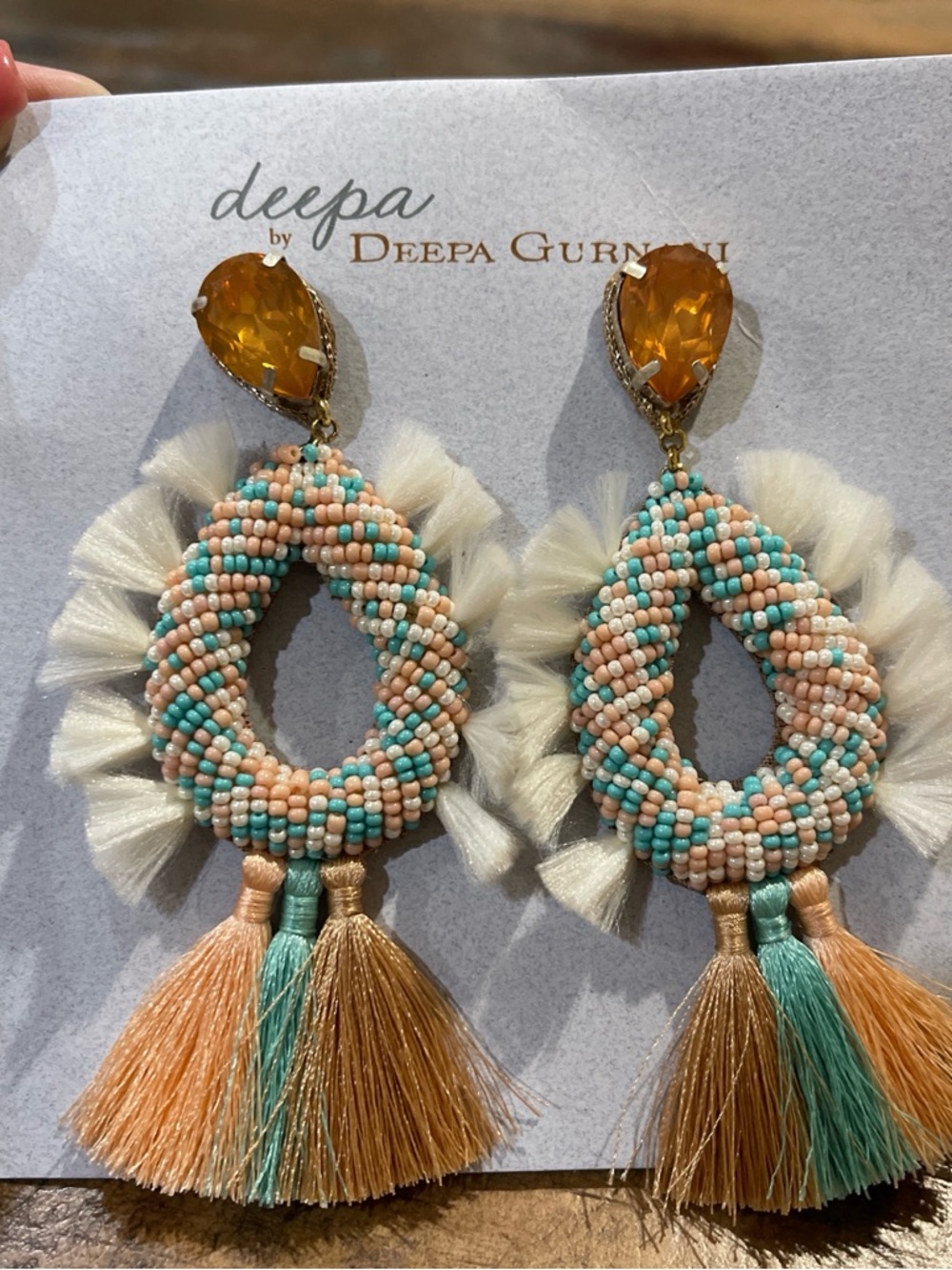 Deepa Gurnani Peach & Turquoise Beaded Teardrop Tassel Earrings